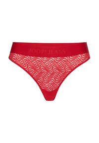 Red lace thong with a wave pattern, featuring a solid red elastic waistband embossed with "JOOP! JEANS" logo. Sheer texture throughout.