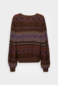 Brun tröja med röda, lila och vita geometriska och blommiga mönster, med långa puffärmar samt ribbade mudd och fåll.