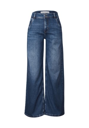 Wijdvallende jeans in donkerblauwe denim met een hoge taille, voorzien van achterzakken en een knoopsluiting. Gladde textuur met subtiele vervaging.