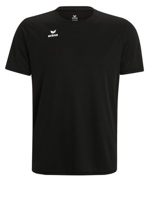 Schwarzes, kurzärmeliges Sport-T-Shirt mit Rundhalsausschnitt, gefertigt aus einem glatten Stoff. Verfügt über ein kleines weißes Logo auf der oberen linken Seite.