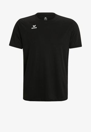Schwarzes, kurzärmeliges Sport-T-Shirt mit Rundhalsausschnitt, gefertigt aus einem glatten Stoff. Verfügt über ein kleines weißes Logo auf der oberen linken Seite.