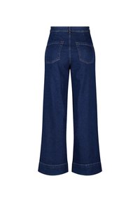 Wijdvallende denim jeans in donkerblauw, met een hoge taille, twee achterzakken en afgewerkt met omgeslagen manchetten. Klassieke denimtextuur.