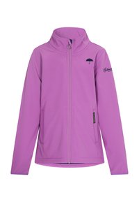Fioletowa kurtka softshell z wysokim kołnierzem, długim zamkiem błyskawicznym oraz kieszeniami po bokach. Zawiera czarne akcenty w postaci parasolki i logo marki.
