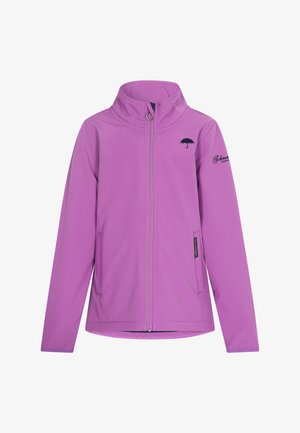 Lilla pehmea jope kõrge kaelusega, täispikk tõmblukk ja küljetaskud. Detailidena must vihmavarju ja brändi logo aktsendid.