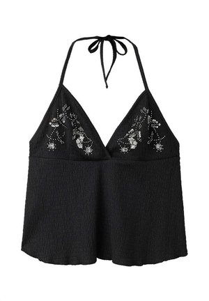 Schwarzes Neckholder-Top aus strukturiertem Stoff mit silberner Pailletten-Blumenstickerei im Brustbereich, mit Bindverschluss am Hals.