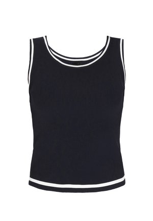 Tmavo modrý rebrovaný top bez rukávov s dvoma bielymi pruhmi okolo výstrihu a dolného lemu, so priliehavým strihom.