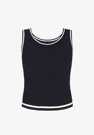 Tamsiai mėlynas raištelių tankinis su dviem baltais dryžiais aplink iškirptę ir apatinį kraštą, pasižymintis prigludusia forma ir be rankovių dizainu.