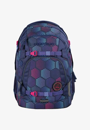 Navy blue backpack with hexagonal pattern in pink and cyan. Features adjustable straps, multiple compartments, and a circular logo patch.