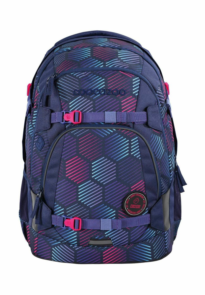 Navy blue backpack with hexagonal pattern in pink and cyan. Features adjustable straps, multiple compartments, and a circular logo patch.