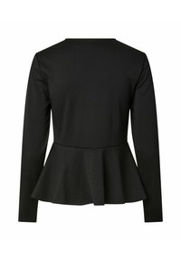 Μαύρο τοπ με μακριά μανίκια και peplum, με εφαρμοστή μέση και φαρδιά ρεβέρ, απεικονίζεται από πίσω σε λευκό φόντο.