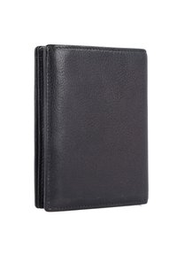 Black leather wallet with a textured finish, bi-fold design, and visible stitching. Features multiple card slots and a slim profile.