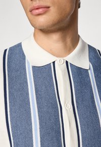 Polo a righe blu e bianche con colletto piatto e chiusura a bottoni, realizzato in tessuto testurizzato e con larghezze delle righe variabili.