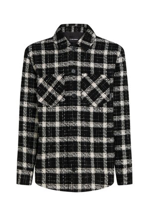 Camisa de cuadros en blanco y negro, con una textura suave, cierre de botones, dos bolsillos en el pecho y mangas largas. Patrón cuadrado en toda la prenda.