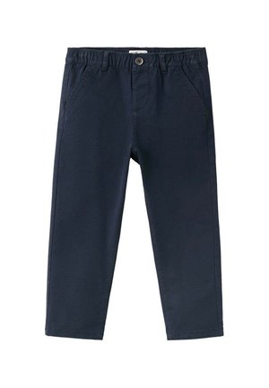 Pantalon décontracté bleu marine avec taille élastique, bouton devant, passants de ceinture et poches latérales, présenté sur fond blanc.