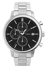 Orologio cronografo in acciaio inox argentato con quadrante nero testurizzato, tre sottodial e una finestra per la data. Presenta indici e lancette argentati.