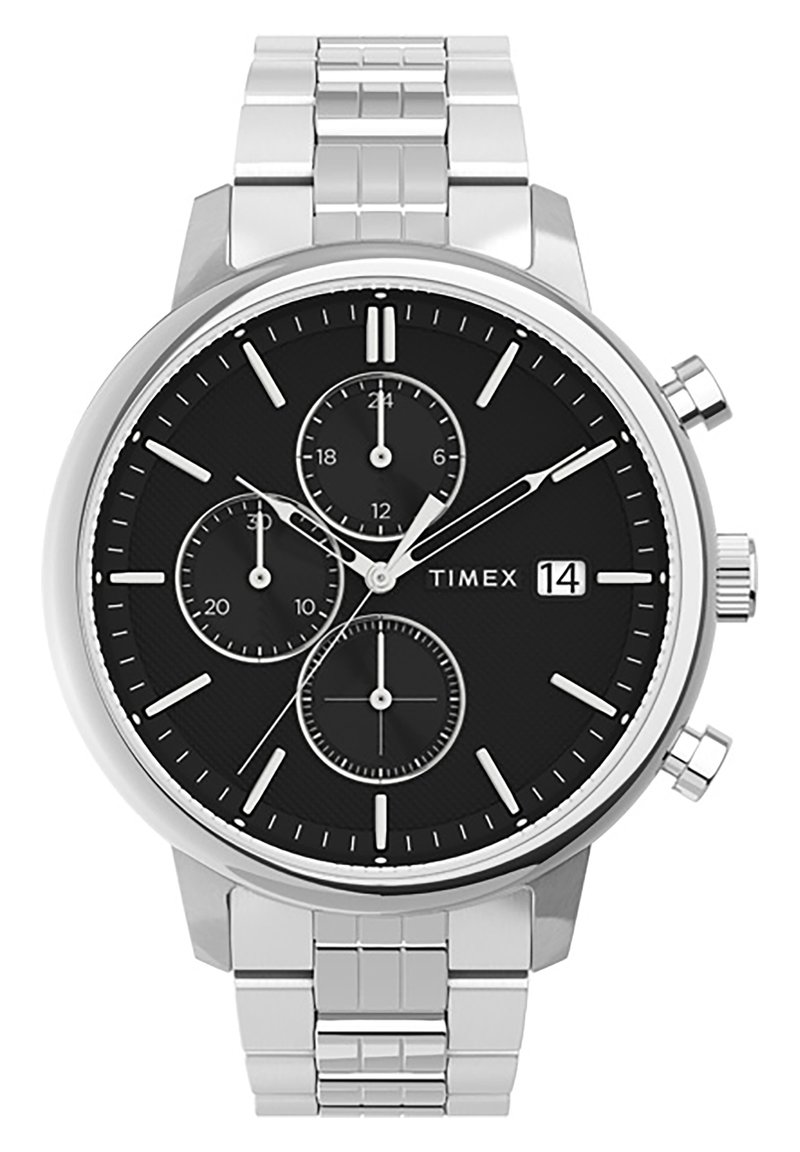 Orologio cronografo in acciaio inox argentato con quadrante nero testurizzato, tre sottodial e una finestra per la data. Presenta indici e lancette argentati.