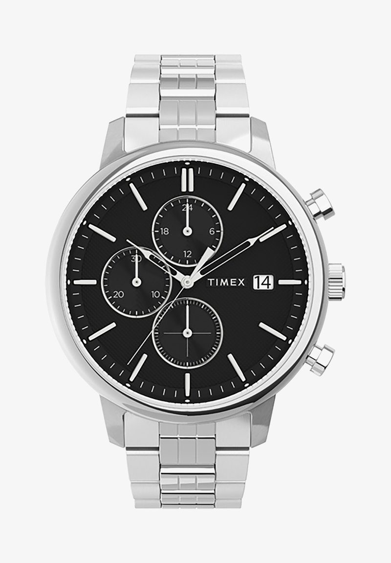Orologio cronografo in acciaio inox argentato con quadrante nero testurizzato, tre sottodial e una finestra per la data. Presenta indici e lancette argentati.