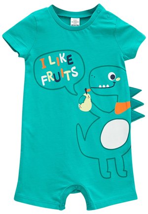Turkusowy dziecięcy kombinezon z krótkimi rękawami, z uśmiechniętym dinozaurem trzymającym gruszkę i napisem "Lubię owoce" w kolorowych literach.