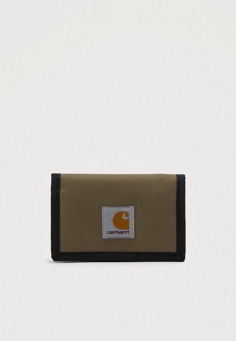 Small rectangular olive green fabric wallet with black trim and a sewn Carhartt logo patch on front center.