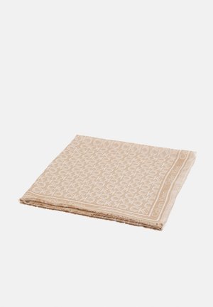 Beige Calvin Klein scarf with repeating logo pattern and branded border, folded and displayed on a white background.