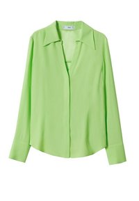Limoengroene blouse met lange mouwen, een opstaande kraag, knooploze voorkant en een ontspannen pasvorm. Glad textuur en licht gebogen zoom.