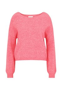 Weicher rosa Langarmpullover mit weitem Rundhalsausschnitt sowie gerippten Bündchen und Saum, vor einem weißen Hintergrund präsentiert.