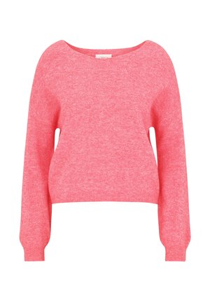 Pull long à manches longues de couleur rose pâle avec un col rond large et des poignets et un ourlet côtelés, présenté sur un fond blanc.