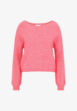 Zacht roze lange mouwen trui met een brede ronde halslijn en geribbelde manchetten en boord, weergegeven op een witte achtergrond.