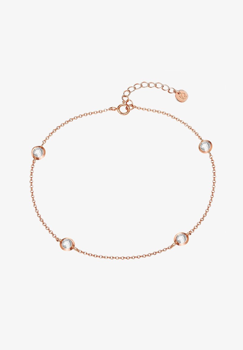 Armbands i roséguld med fem jämnt fördelade cirkulära accenter med klara, facetterade stenar, inklusive en karbinlås för stängning.