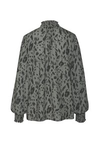 Blusa verde con motivi astratti neri, maniche lunghe a palloncino, scollo arricciato e polsini elasticizzati, realizzata in tessuto leggero.