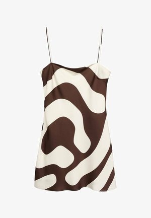 Abito a sottoveste con spalline sottili, caratterizzato da un audace motivo astratto a onde marroni e bianche, tessuto liscio e orlo leggermente svasato.