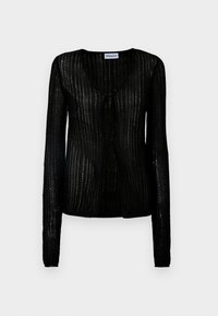 Cardigan nero leggero con maniche lunghe e scollatura a V. Il tessuto testurizzato presenta righe verticali e una chiusura frontale con bottoni.