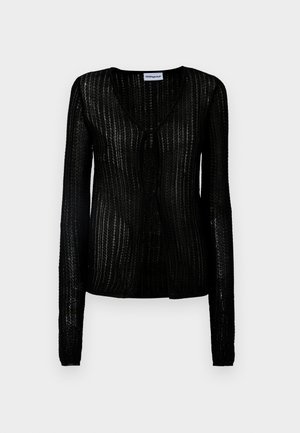 Cardigan negru, ușor, cu mâneci lungi și decolteu în V. Materialul texturat are dungi verticale și o închidere cu buton în față.