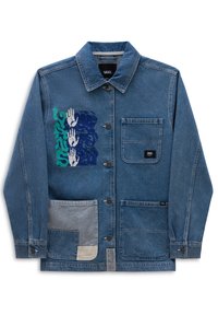 Denim jacket in medium blue with button closure, chest pocket, and two lower pockets. Features graphic print of hands and text on the front.
