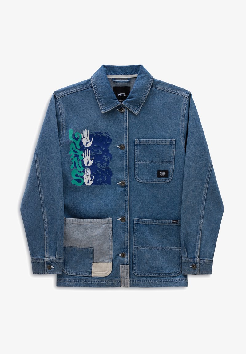 Denim jacket in medium blue with button closure, chest pocket, and two lower pockets. Features graphic print of hands and text on the front.