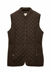 Quiltots brūns žakets ar augstu apkakli, priekšējo rāvējslēdzēju un divām sānu kabatām. Iezīme diagonāla šuvju raksts un bronzas aparatūras akcenti.