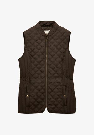 Quilted brown vest with a high collar, front zipper, and two side pockets. Features diagonal stitching pattern and bronze hardware accents.
