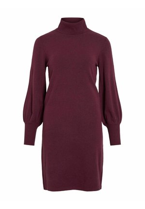 Weinrotes, langärmliges Kleid mit hohem Kragen und lockeren, ballonförmigen Ärmeln. Hergestellt aus einem weichen Material, ausgestattet mit gerippten Bündchen und Saum.
