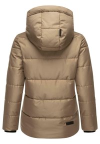 Beige puffer jacket with a hood, horizontal quilted design, smooth texture, elastic cuffs, and a small logo patch near the hem.