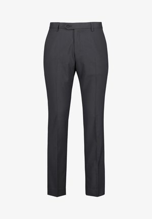 Donkergrijze broek van een gladde stof. Voorzien van een knoopsluiting, riemlussen en rechte pijpen voor een getailleerde pasvorm.