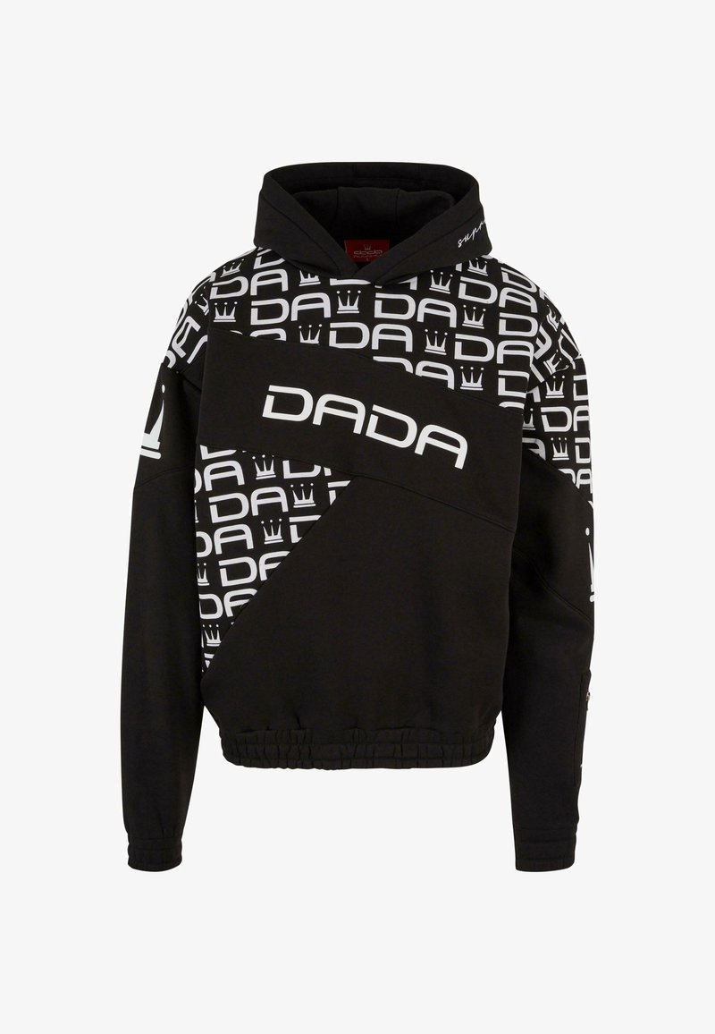 Sweat à capuche noir avec des motifs de logo "DADA" blancs, un panneau noir uni contrastant, un ourlet côtelé et des manches fuselées. Comprend une capuche avec cordon de serrage.