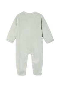 Helle, grüne Baby-Einteiler mit langen Ärmeln und bedeckten Füßen, von hinten auf einem weißen Hintergrund gezeigt.