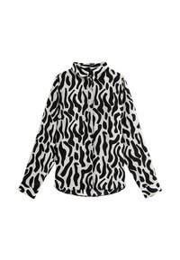 Camicia con maniche lunghe e bottoni, motivo a strisce nere e bianche simile a quello di una zebra, con colletto classico.