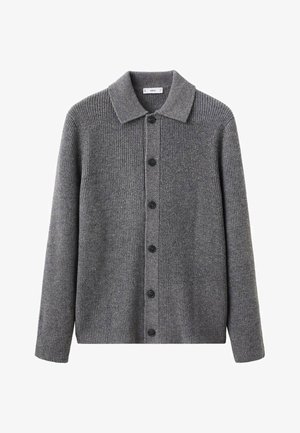 Grijze cardigan met een geribbelde structuur, kraag en een knoopsluiting aan de voorkant. Voorzien van zes zwarte knopen en lange mouwen.