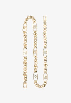 Auksinė grandinės aksesuaras, kuriame yra dideli ryšiai ir stačiakampiai išpjovimai. Sklandus paviršius su blizgiu apdaila, sukurtas madingam naudojimui.