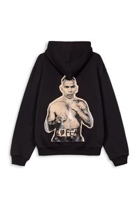 Black hoodie featuring a large monochrome print of a boxer on the back, with "I ♥ FEA" text on a belt. Thick fabric, slightly relaxed fit.