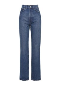 Aukštai juosmeninės mėlynos džinsinės kelnes su tiesiomis kojomis, penkių kišenių dizainu ir matomomis siuvimo detalėmis; be papuošimų.