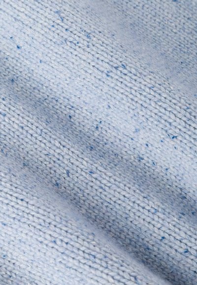 Light blue knitted fabric with a soft texture, featuring a heathered pattern of darker blue flecks throughout.