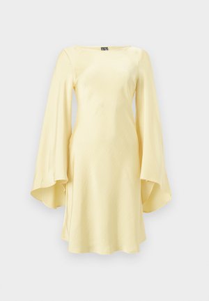 Light yellow satin knee-length dress with wide bell sleeves and a round neckline, displayed on a plain background.