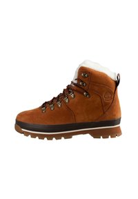 Bruine suède wandelschoen met witte nepbont voering, metalen oogjes en een rubberen zool met een profiel voor grip.